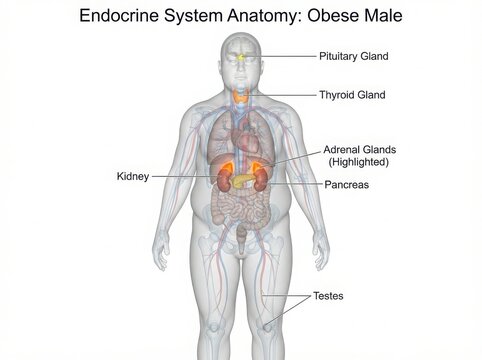 Endocrine system anatomy diagram of an obese male body illustration