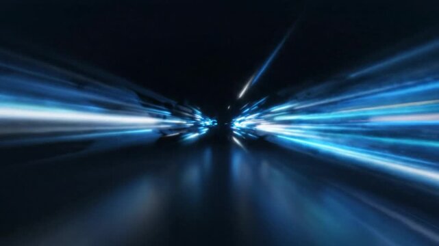 Abstract speed light trail moving through digital cyberspace network tunnel with futuristic technology motion blur concept