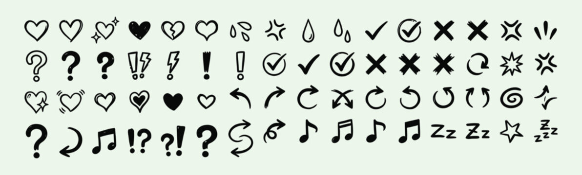 Hand drawn doodle icon set featuring hearts arrows check marks exclamation points music notes and comic emotion symbols