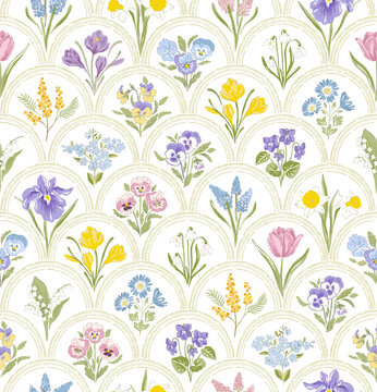 Spring Wildflower Scallop Trellis Cottagecore Floral Pattern