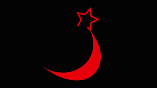A striking red crescent moon graphic paired with a small geometric mark above it displayed on a solid black background
