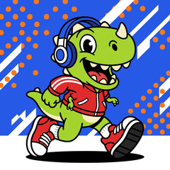 Cartoon green dinosaur running with headphones and red sneakers. © satkins