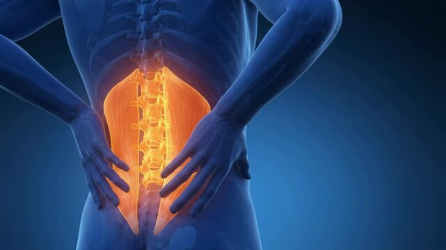 3D medical animation of a human figure showing lower back pain with a glowing point on the spine.