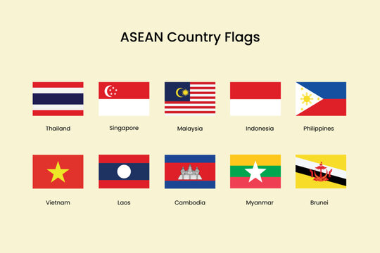 ASEAN flags colorful display element vector set