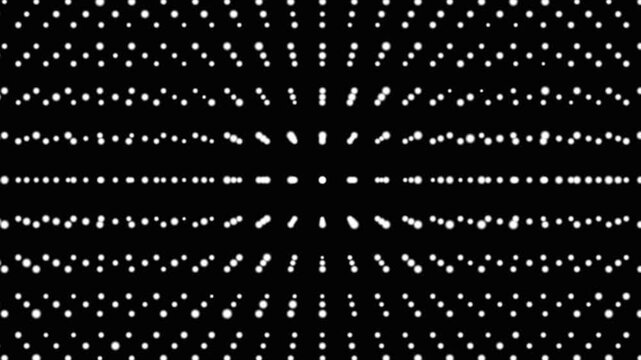 A symmetrical pattern of small glowing white circles forming a deep perspective grid against a solid black background
