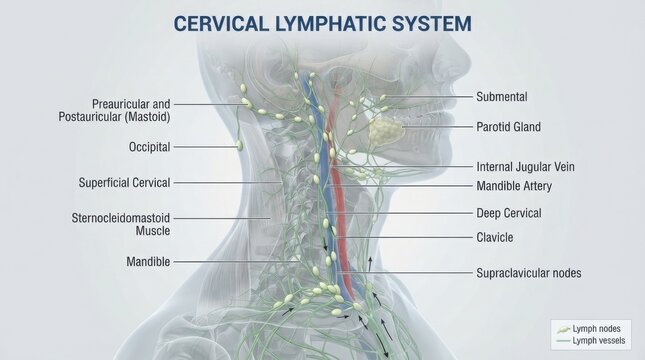 Medical diagram of the human cervical lymphatic system illustration
