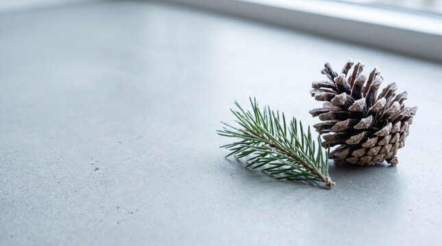 A single pine cone and a small evergreen branch on a light grey background