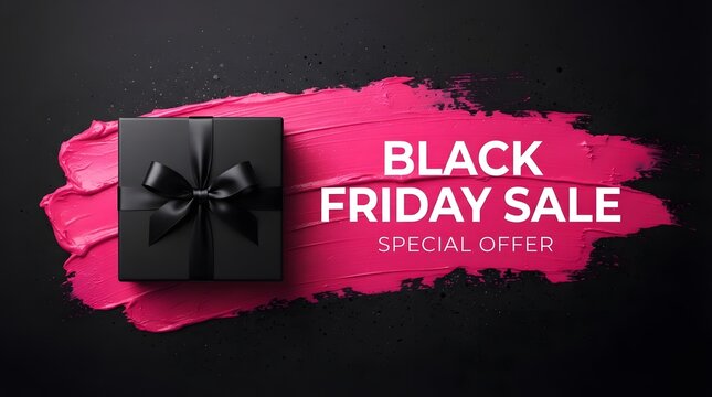 Black friday sale special offer banner with a black gift box featuring a bow on a vibrant pink paint brush stroke texture against a dark background