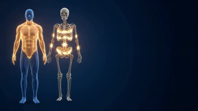 3D medical animation video clip of a human male figure and skeleton with a glowing highlighted pelvic bone on a blue background.