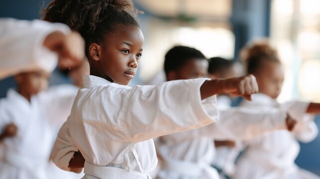 Group of African kids in karate training class wearing white uniforms
