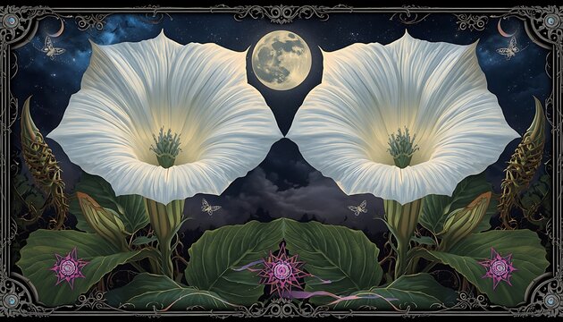 Mystical gothic background with symmetrical white datura moonflowers blooming under a full moon in a starry night sky.