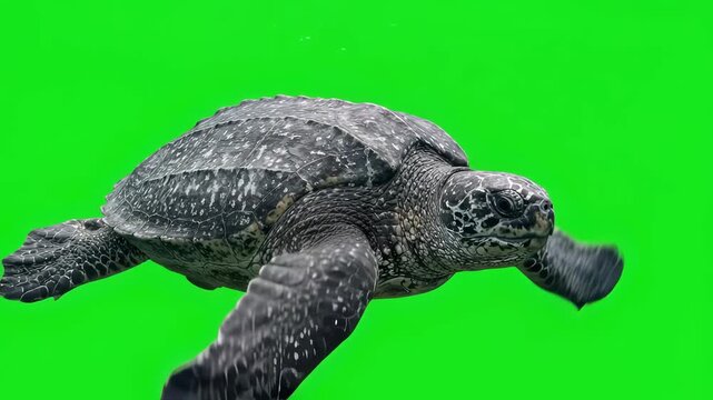 Leatherback Sea Turtle Swimming on Green Screen