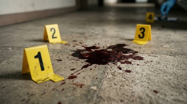 Crime Scene Investigation Blood Spatter Evidence Markers on Concrete Floor