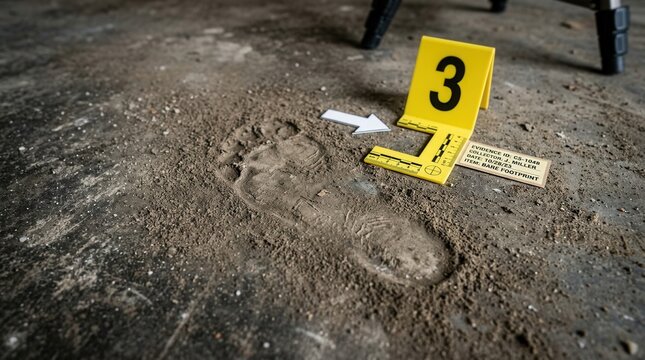 Crime scene evidence footprint impression in dirt with yellow marker forensic investigation close up
