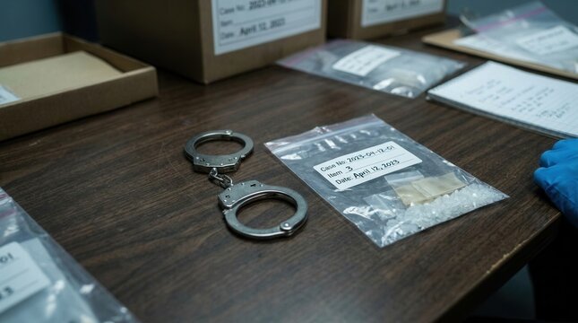 Crime Scene Evidence Handcuffs and Drugs on Desk with Evidence Bags