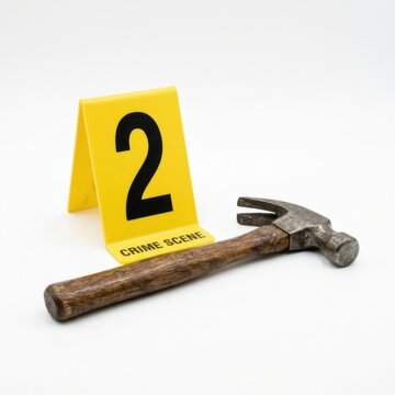 Crime Scene Evidence Marker Number 2 and Hammer on White Background Forensics Investigation Concept