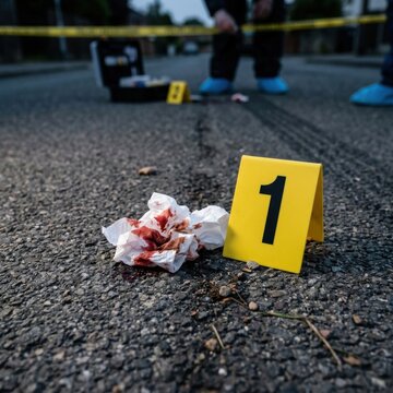 Crime Scene Investigation Bloodied Tissues and Evidence Marker Number 1 on Asphalt Road