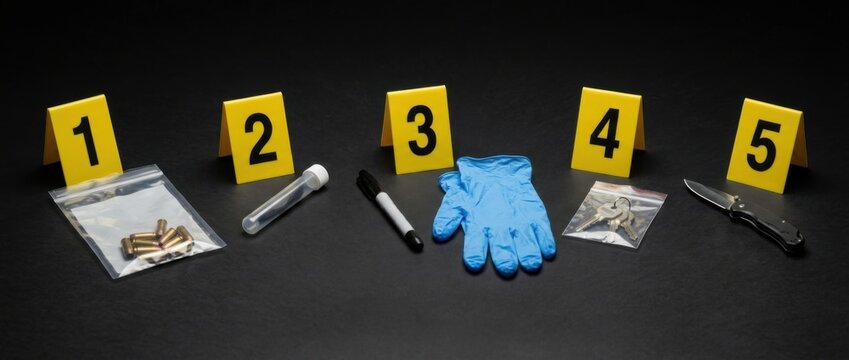 Crime scene evidence markers 1 5 with bullets test tube marker glove drugs and knife on black background