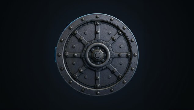 Heavy-duty steel vault door with lock mechanism isolated on dark background