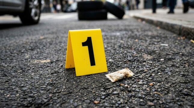 Crime Scene Evidence Marker 1 on Asphalt Road with Blurred Background of Traffic and Pedestrians