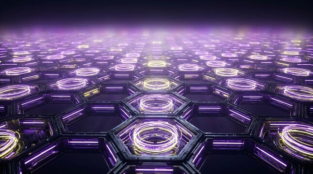 A futuristic hexagonal grid glows with vibrant purple neon light