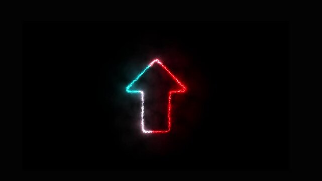 An energetic electric arrow pointing upwards outlined in red and blue plasma energy against dark smoke