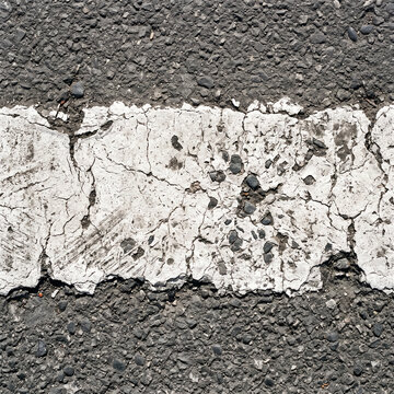 Cracked white roadway crosswalk stripe on asphalt surface  