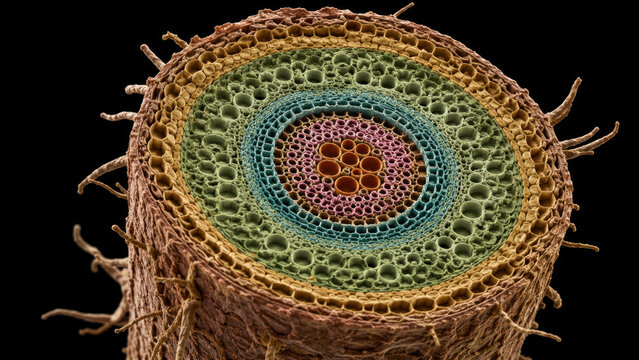 Colorized electron microscope cross section of root tissue showing cellular layer in earthy tone, plant science concept, black background, microscopy biology