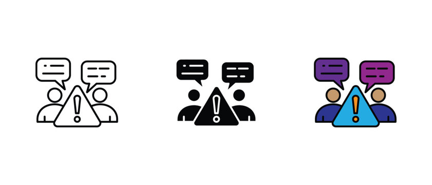 Team warning and risk discussion icon set. Conflict alert symbol, collective danger sign, crisis management or issue communication vector illustration.