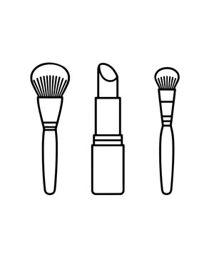 Makeup Brush and Lipstick Line Icon Set &ndash; Cosmetic Brush with Lipstick Tube Vector Icons