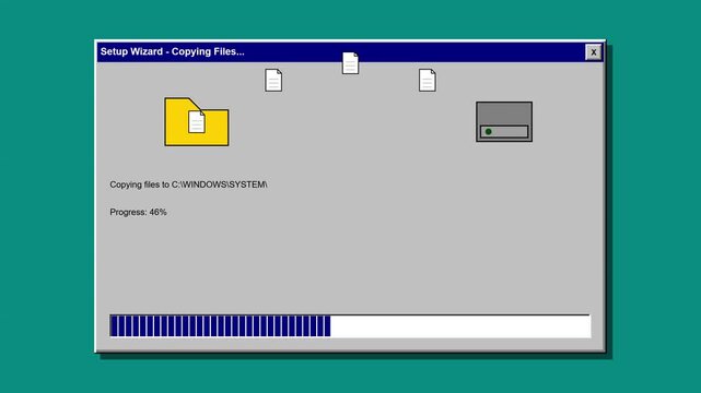 Retro computer operating system installation process with progress bars