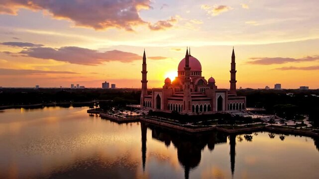 Cinematic aerial shot of a majestic pink dome mosque reflected on calm lake water during beautiful orange sunset sky.