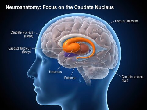 Human brain anatomy diagram focusing on the caudate nucleus illustration