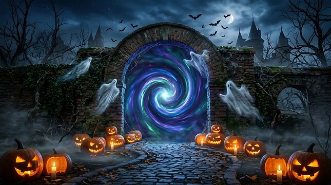 Halloween jack o lanterns and ghosts forming eerie portal in ancient