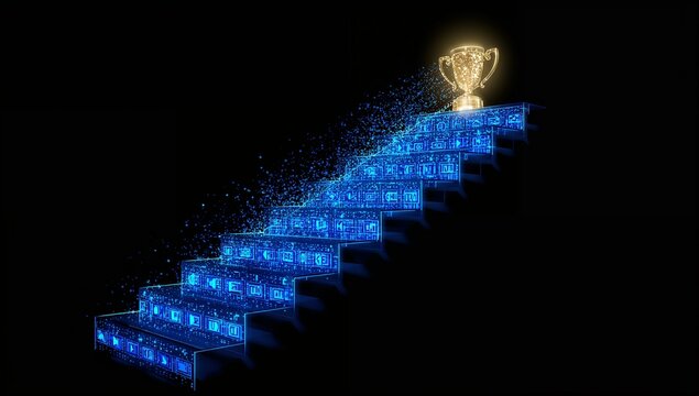 Glowing blue staircase leading to a shining golden trophy on dark background