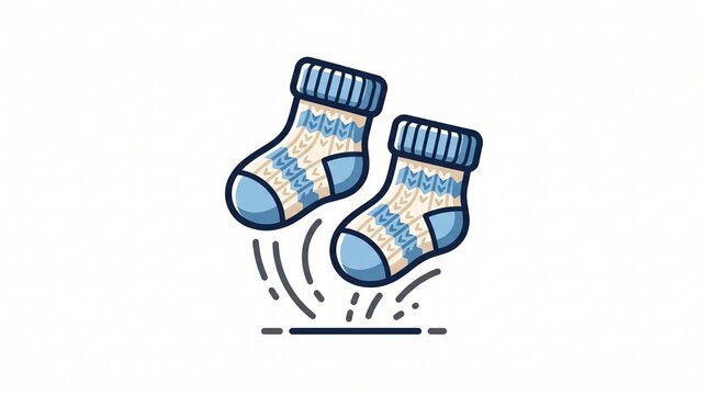 Pair of knitted baby socks jumping with motion lines, blue and cream pattern flat vector illustration on white background, cute infant clothing and nursery concept