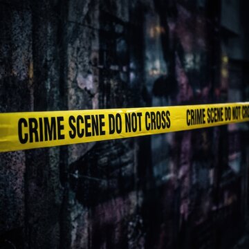 Crime Scene Do Not Cross Tape Barrier at Night Dark Urban Alleyway Background Police Investigation Forensics