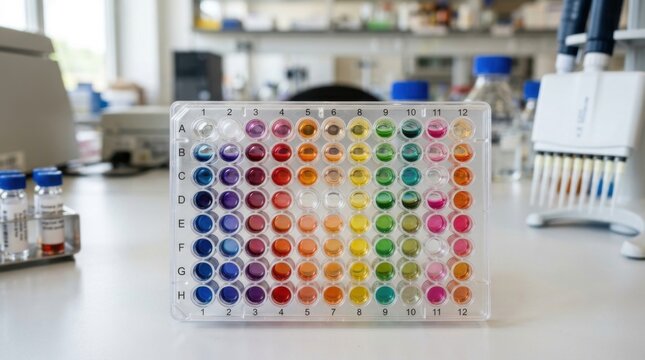Colorful Microplate Assay in Laboratory Science Research Biochemistry Medical Testing