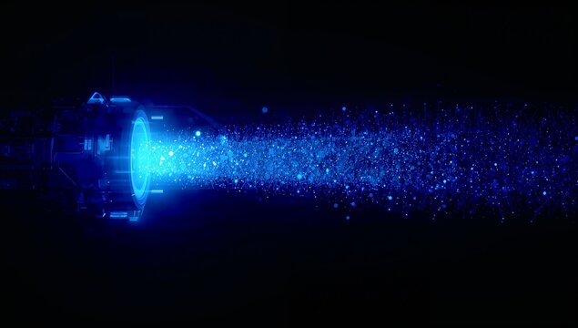 High-tech digital data transfer representation with data particles and futuristic device