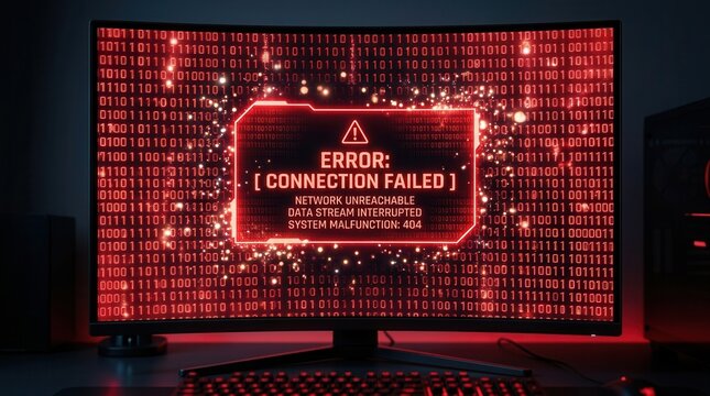 Computer screen displaying a red error message Connection Failed with binary code and glowing particles representing system failure and cyber threats