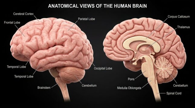 Anatomical diagram of the human brain parts and lobes illustration