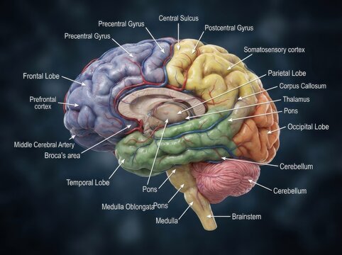 Anatomical Diagram of the Human Brain with Labeled Parts illustration