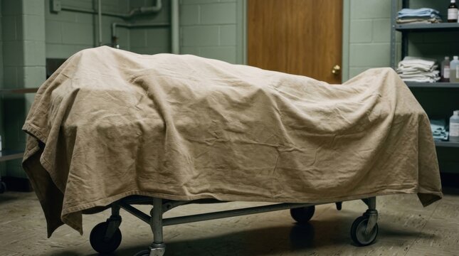 Covered body on gurney in morgue medical examination table death autopsy medical facility forensic science medical equipment