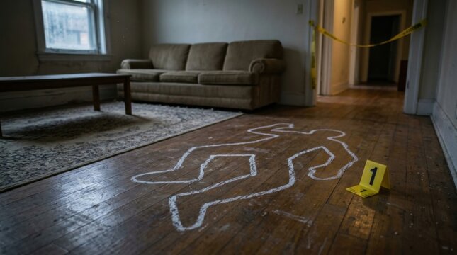 Crime scene chalk outline on wooden floor investigation tape evidence marker indoor setting