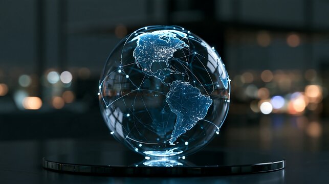 A transparent glass globe showing a glowing digital map of the with interconnected network lines on a dark reflective surface in an office