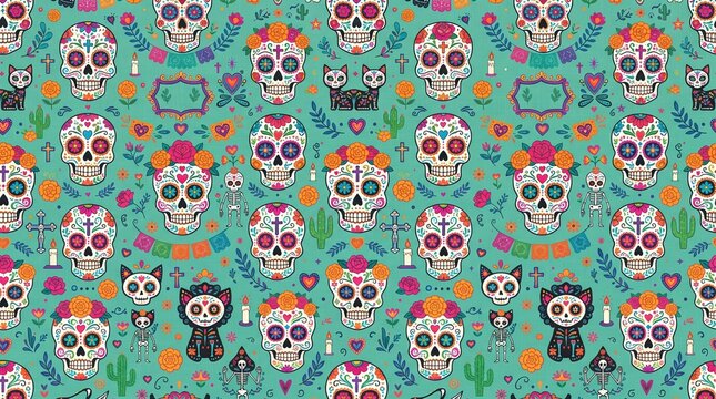 Vibrant Dia de los Muertos seamless pattern, colorful sugar skulls and calaveras, teal background, festive Mexican holiday design, decorative texture for fabric or wallpaper