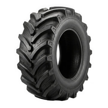 Black rubber tractor tire with deep heavy tread pattern for agriculture machinery and farm vehicle equipment isolated on transparent background