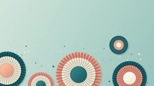 Decorative rosettes and confetti scattered on a pastel blue background