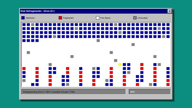 Retro computer disk defragmenter showing file optimization progress