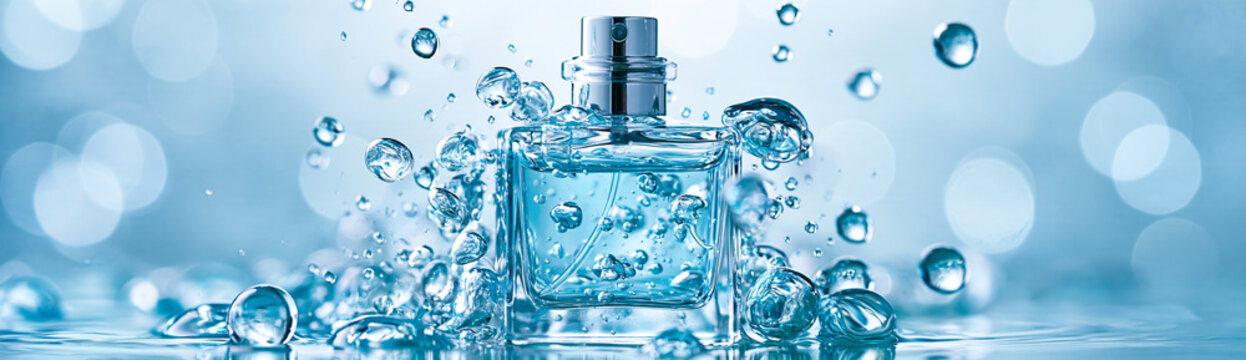 A clear perfume bottle surrounded by splashing water droplets on a reflective surface with a soft blue background.
